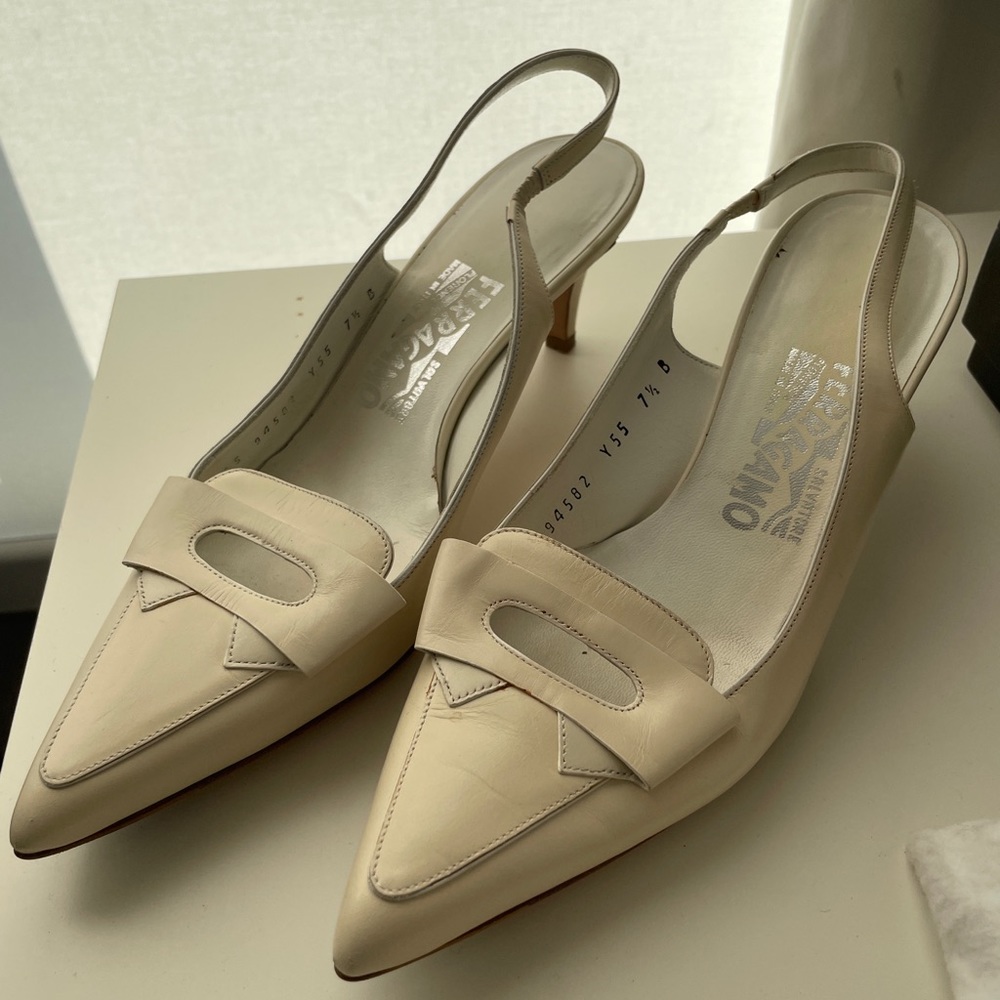 Salvatore Ferragamo Cream Kitten heel sling back sz37